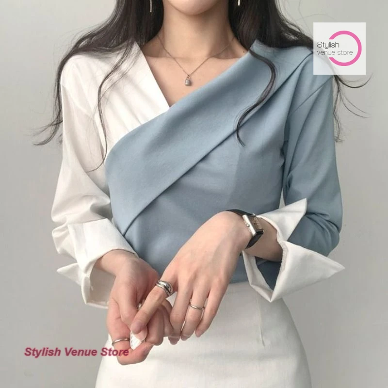 

Korean style retro temperament stitching contrast off-the-shoulder top women's spring and autumn fashion design bottoming shirt