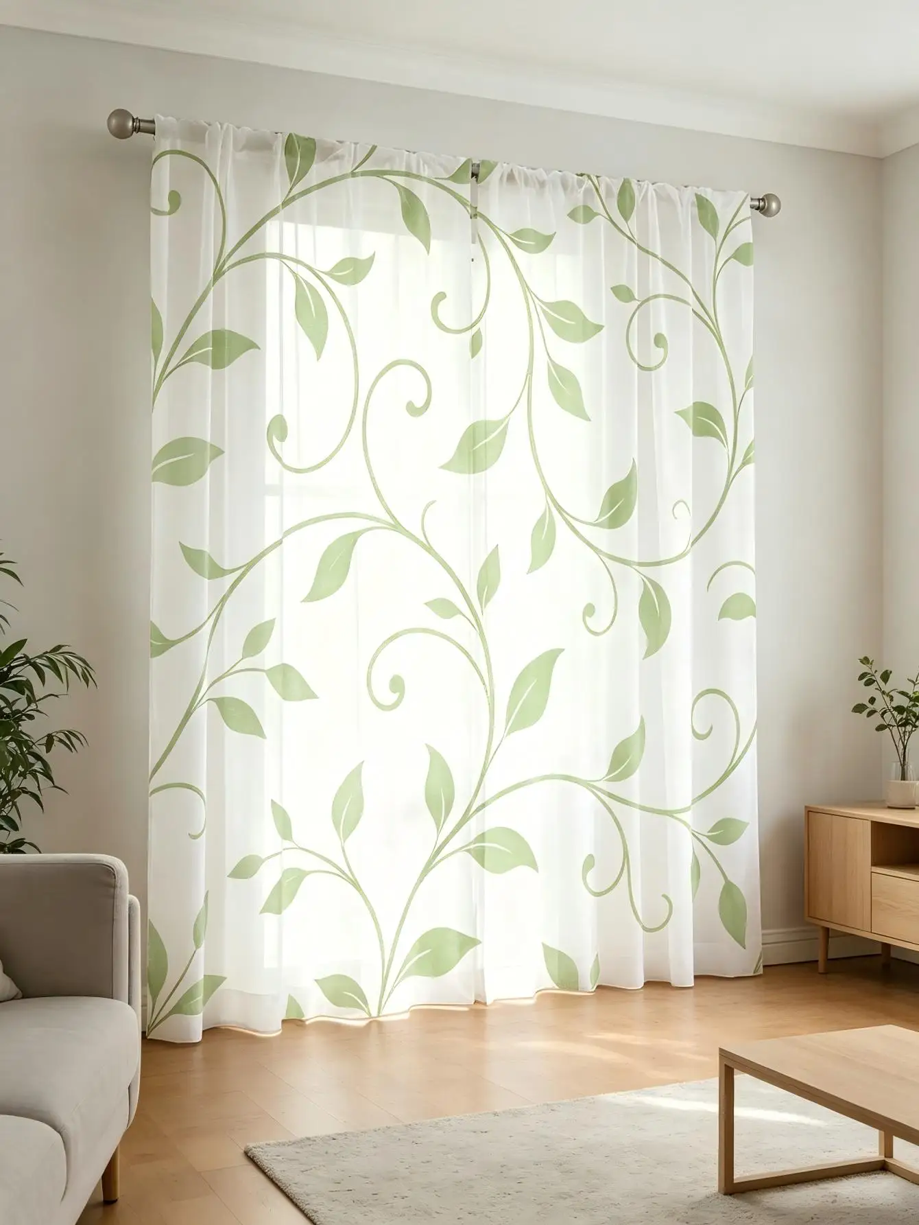 2PCS Digital Print Sheer Curtain, Twisted Green Leaves Vine Botanical Nature Window Drapes for Living Room Bedroom Home Decor