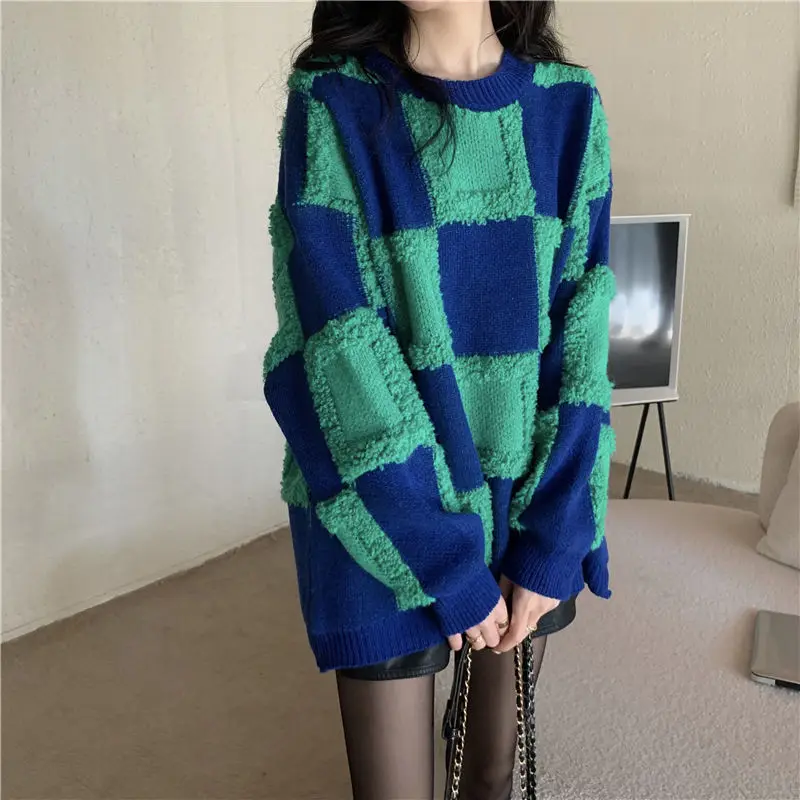 

Gidyq Vintage Checkerboard Knitted Sweater Autumn Women Casual Thick Warm Loose Long Sleeve Tops Korean Female All Match Jumper