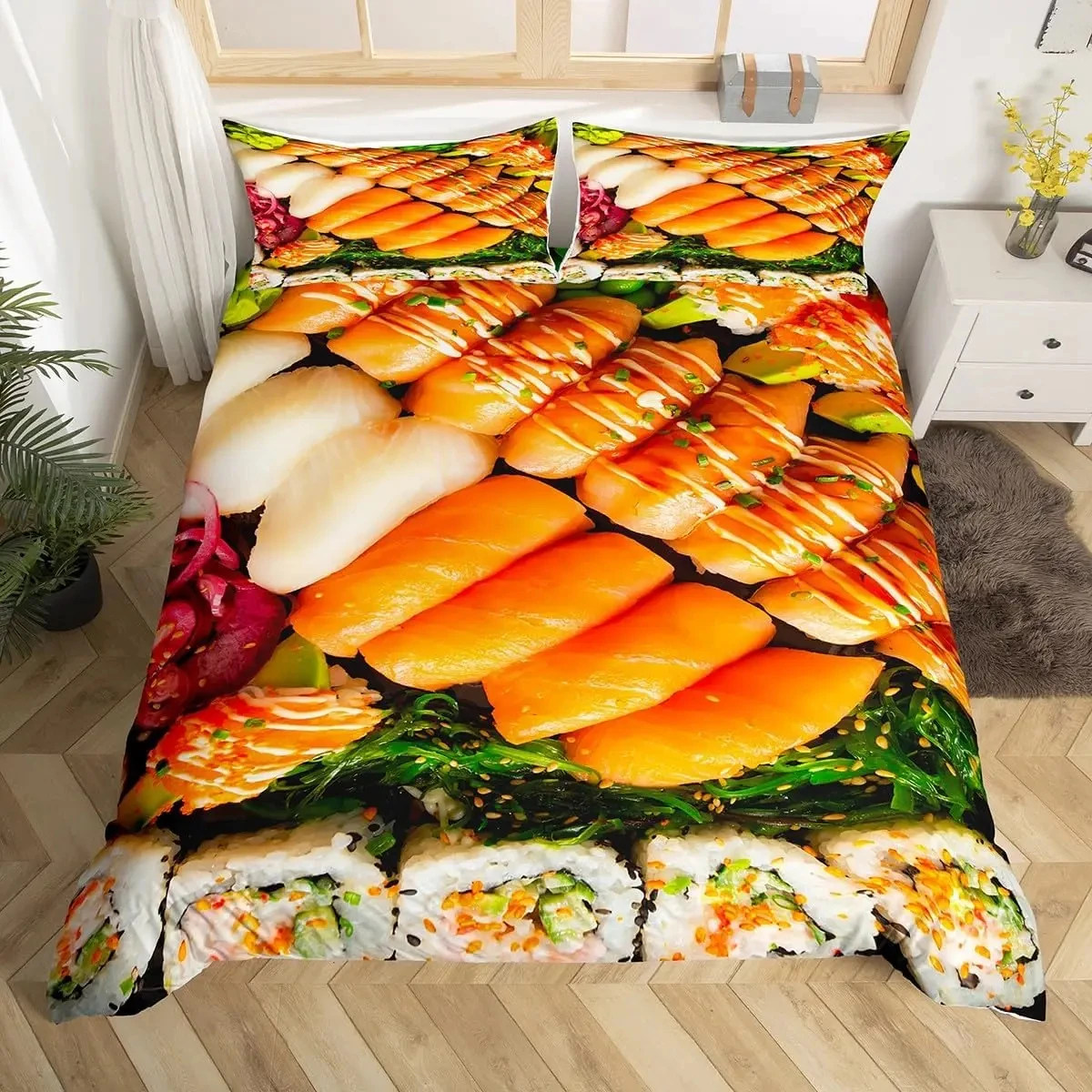 Sushi Duvet Cover Set Full Queen,Japanese Food Bedding Set 3D Food Themed Bedspread Cover Realistic Food Room Decor Quilt Cover