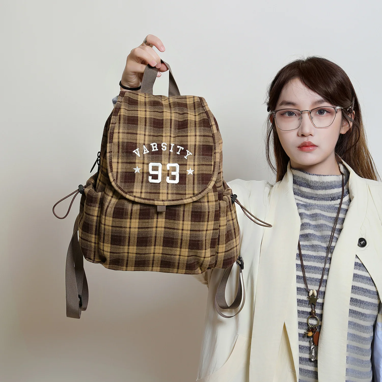 Canvas Backpack Casual - Large-capacity canvas checkered striped student schoolbag