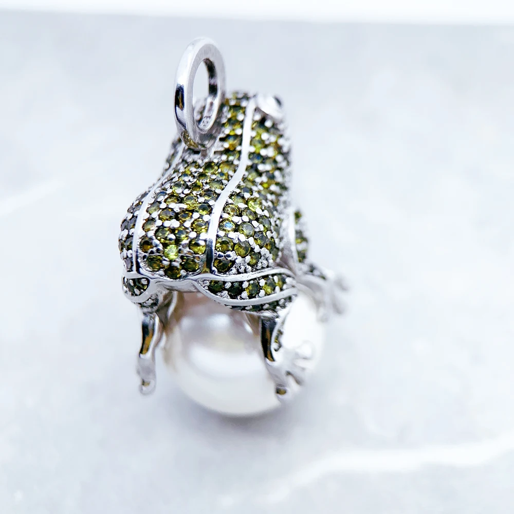 Pendant Dark Green Frog & Pearl Brand New Fashion Trendy Jewelry Europe 925 Sterling Silver Accessories Gift For Men Woman