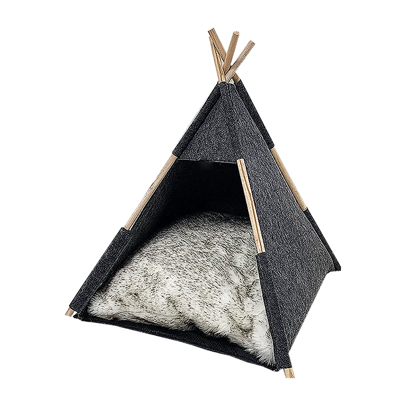 

washable dog bed with long fur thick cushion felt wood luxury pet teepee tent indoor outdoor