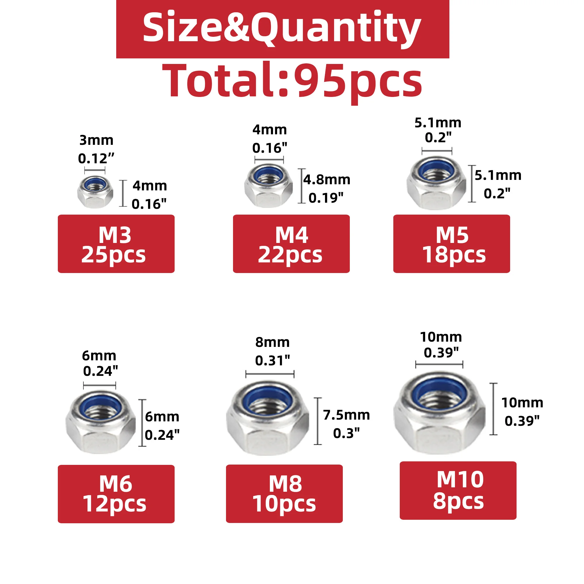 95/188pcs 304 Stainless Steel Metric Lock Nut Assortment Kit M3 M4 M5 M6 M8 M10 M12 Self-locking Nuts Locknut Slip insert Lock