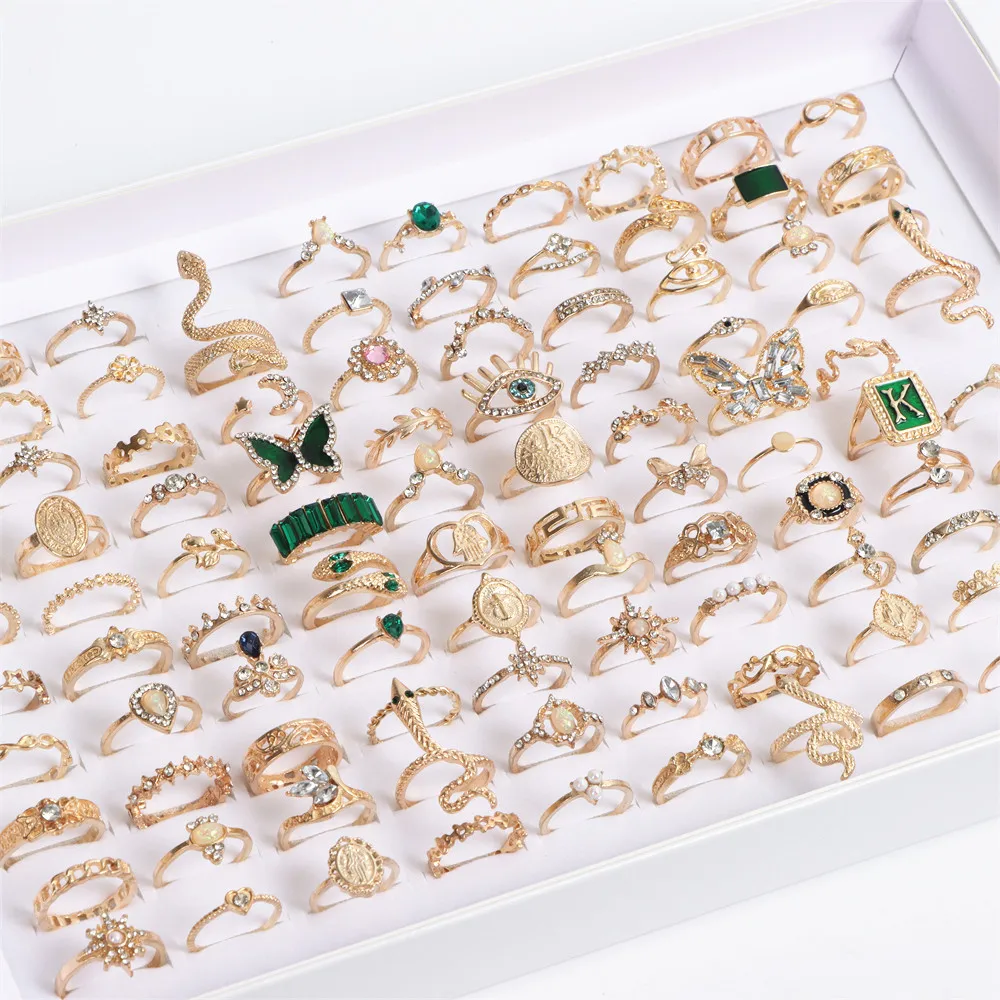 50Pcs/Lot Wholesale Vintage Silver Gold Color Women Finger Rings For Party Jewelry Accessories Gifts Different Styles Size 15-19