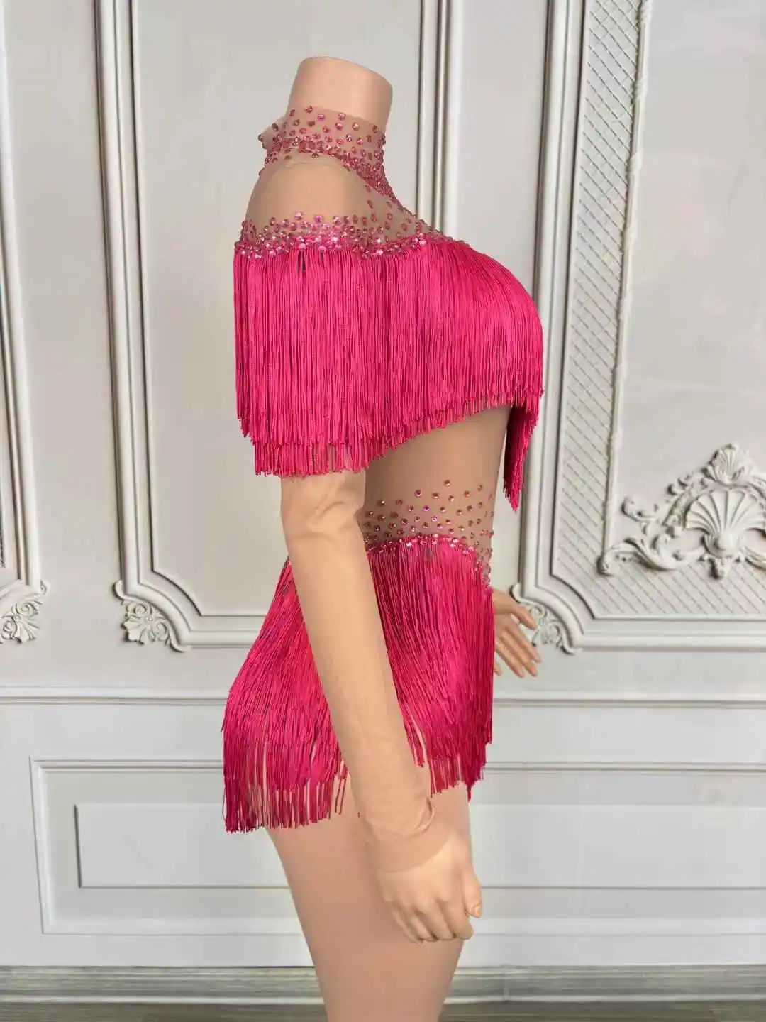 Błyszczący Kombinezon z Dżetami i Frędzlami Damski Seksowny Siateczkowy Kostium na Występy Taneczne Urodziny Imprezę Dancer Klub Nocny Scena