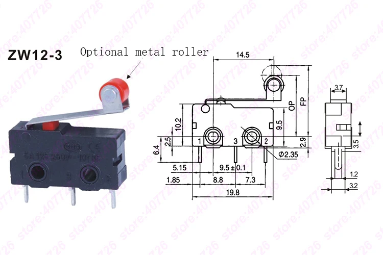 5Pcs/Lot Micro Switch 10mm x 20mm Limit Switch 3 Pin/2 Pin 5A 250VAC ZW12 Series Tact Switch On Off