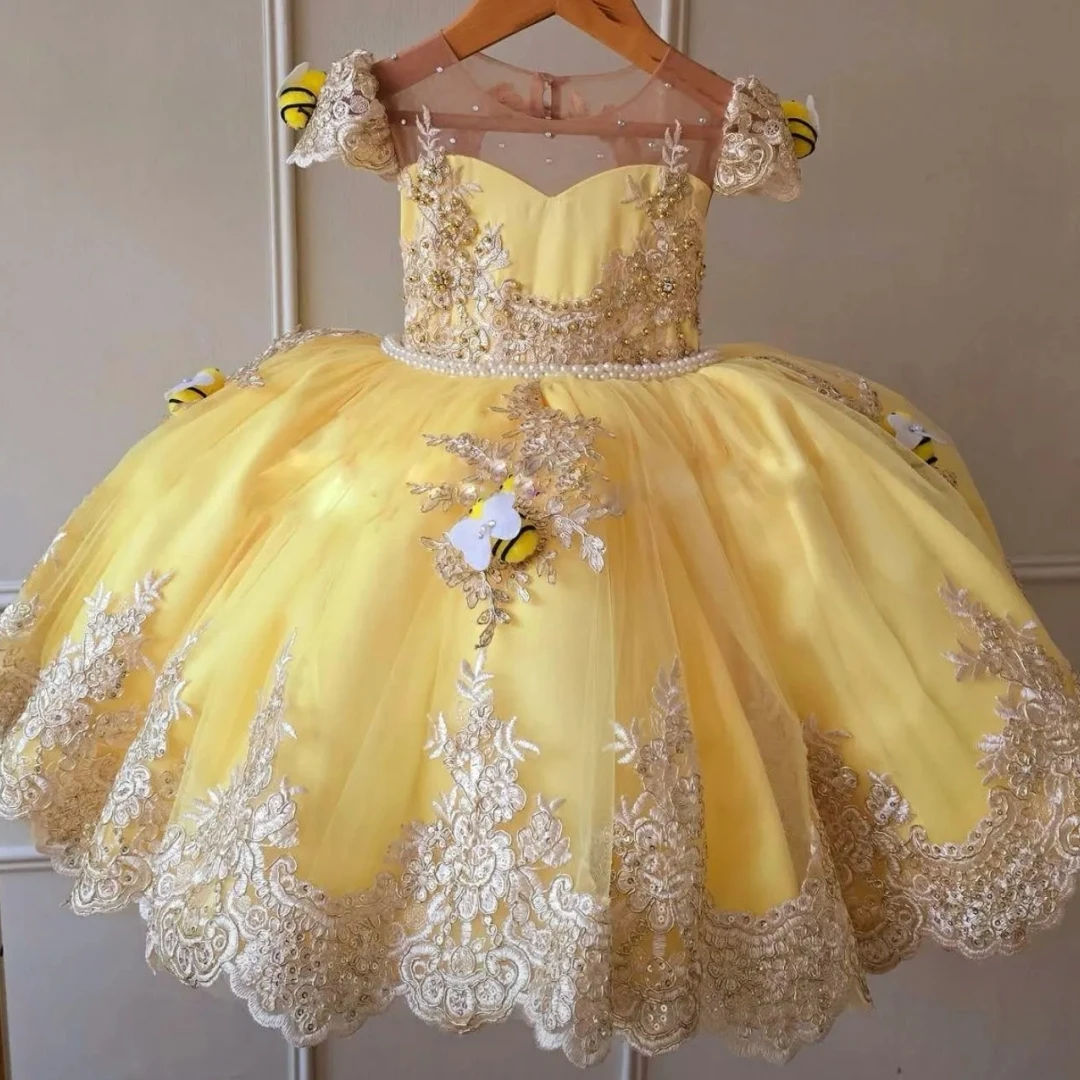 

Customized Flower Girl Dress Yellow Gold Floral Appliques With Bow For Wedding Birthday Prom Banquet Holy Communion Gown