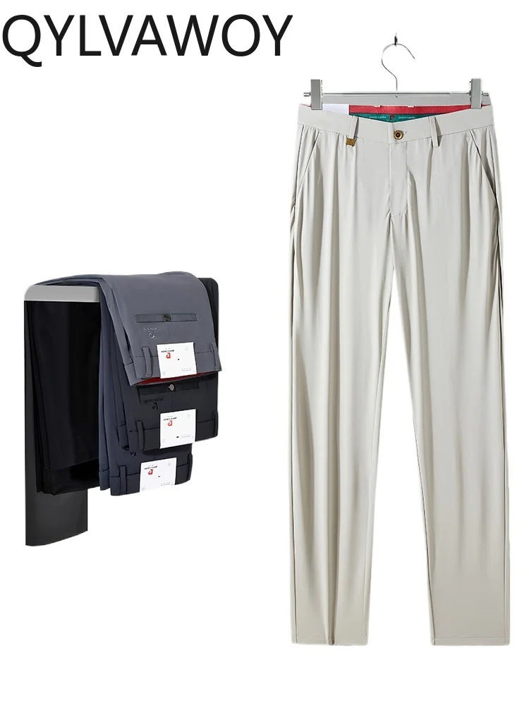 

QYLVAWOY Men's Spring Summer New Ice Silk Straight-Leg Trousers Middle-Aged Thin Business Casual Pants Men's Suit Pants LJ2406