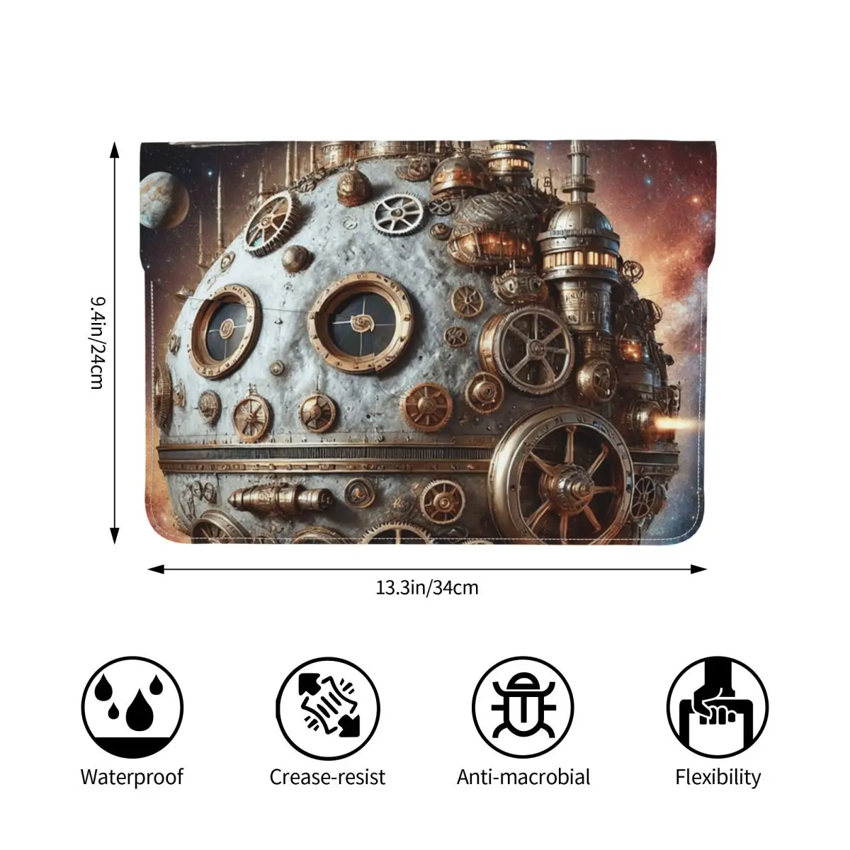 Steampunk Moon In Space PU Leather Horizontal Laptop Sleeve Shockproof Soft Lining Notebook Case 13 Inch