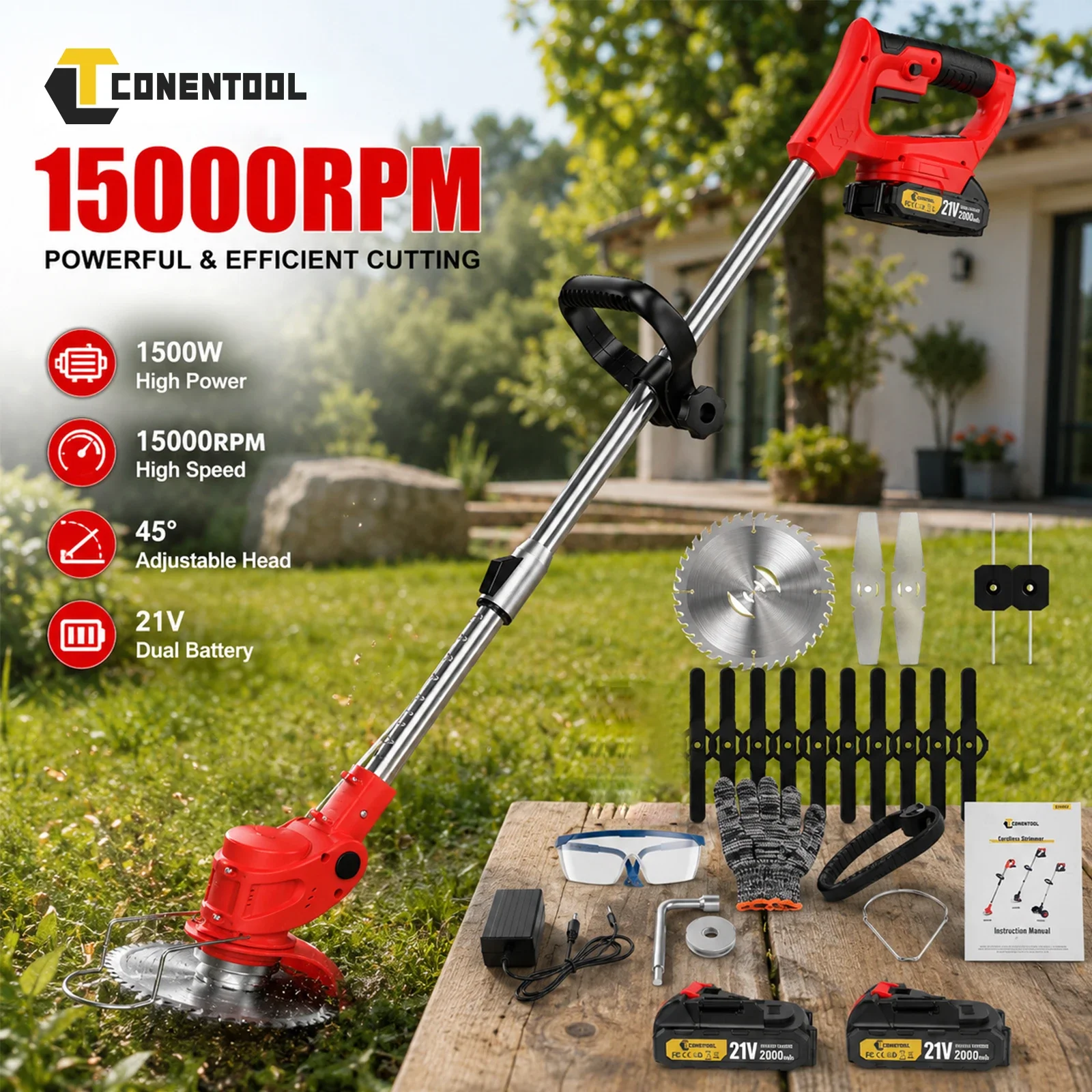 CONENTOOL Tagliaerba a Batteria 1500W 15000RPM, Decespugliatore Elettrico 21V, Tagliaerba Telescopico Regolabile con Kit di Lame Multiple per Giardino e Cortile