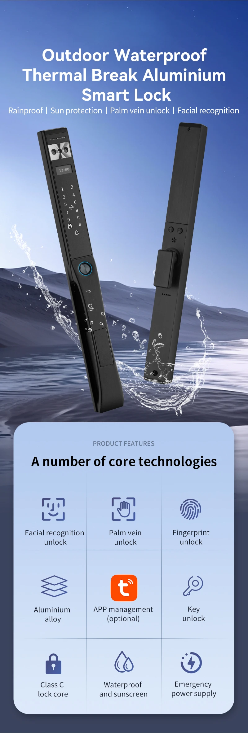 Tuya WiFi 3D Facial Recognition Smart Lock | Waterproof Outdoor Biometric Door Lock With Fingerprint & Facial Unlock