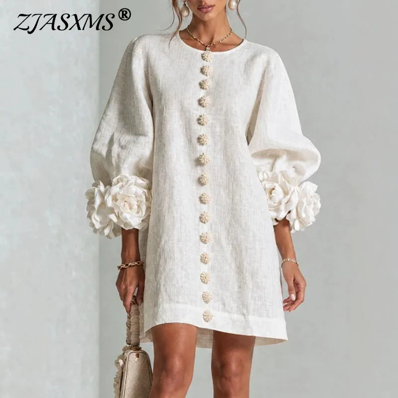 Vintage Solid Dress Ladies Puff Sleeve 3D Floral Decoration Buttons Decor Loose Straight Dress Holiday Party Daily Short Dresses