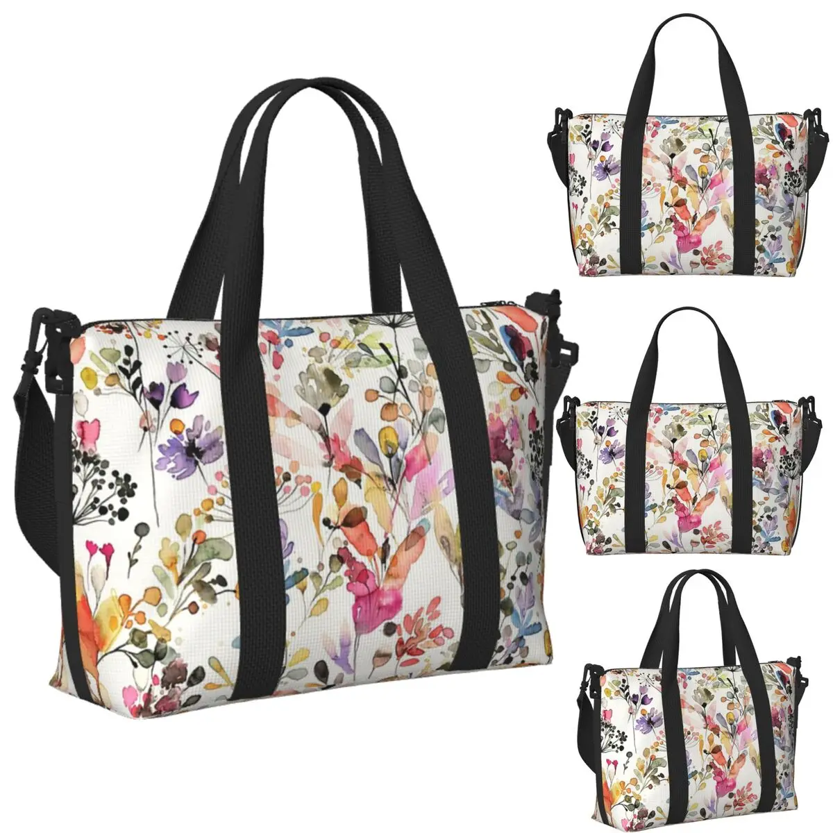 

Custom Wild Flowers And Plants Watercolor Beach Travel Bag Large Capacity Tote Bags for Gym Women Shopping Duffle Shoulder Bag