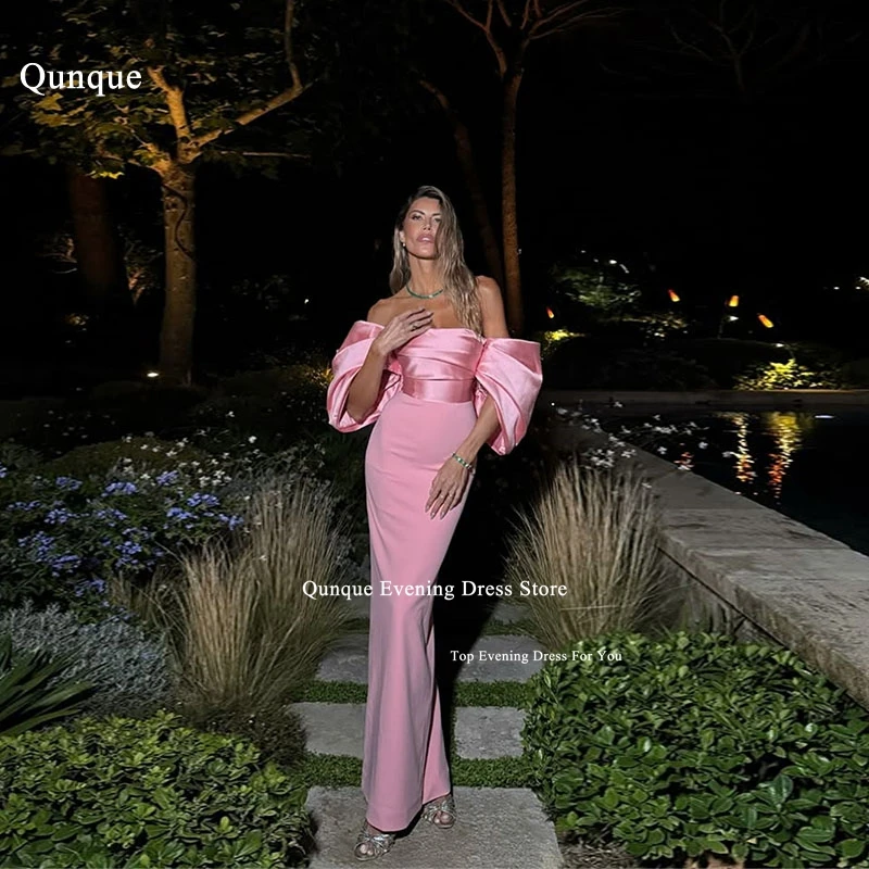 ชุดราตรีทรงเมอร์เมดแบบไร้สาย รุ่น Qunque Modern สีชมพู ผ้าซาติน ชุดเดรสงานปาร์ตี้ แขนพองสั้น ชุดราตรีงานพรอม  สามารถสั่งตัดได้