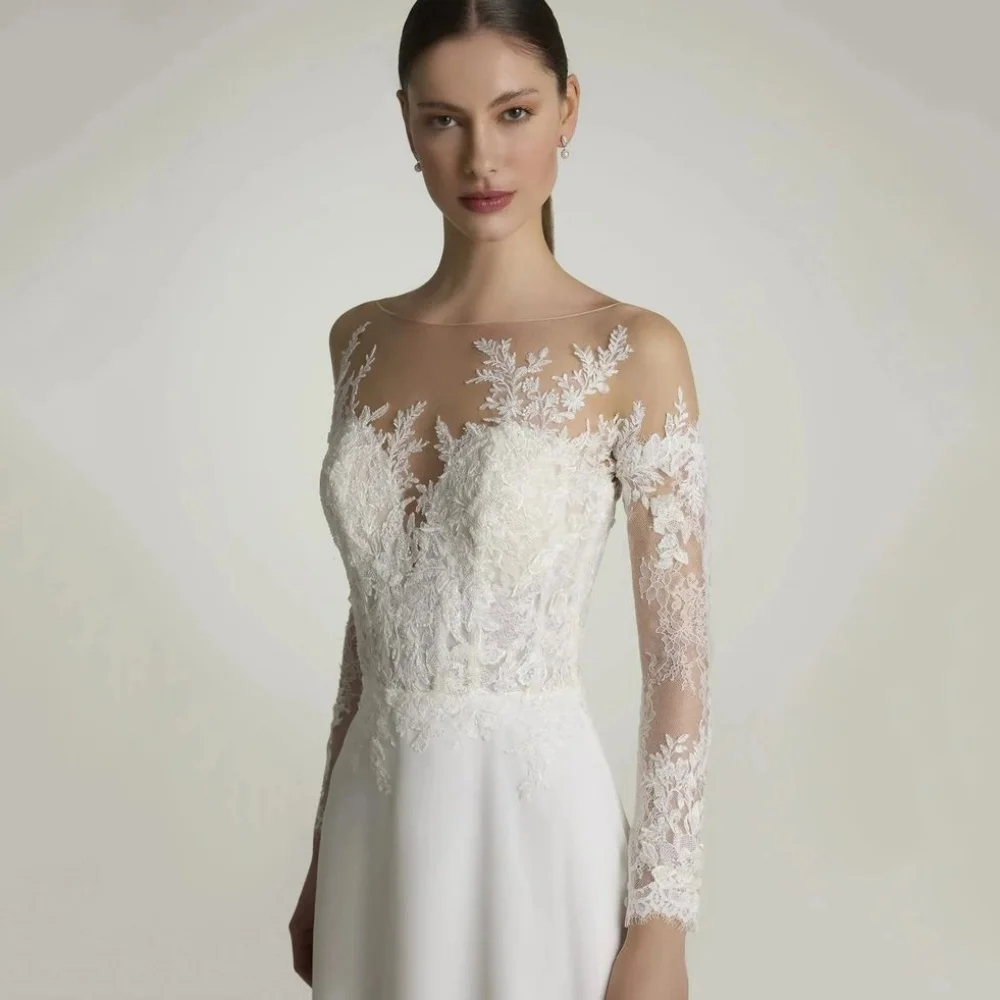 Elegante personalizado vestidos de casamento uma linha mangas compridas vestido de noiva apliques botão vestidos de noiva novia