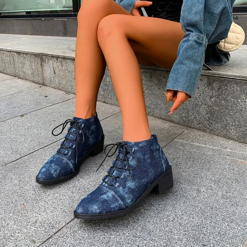 2025 Spring Autumn Fashion Retro Square Heel Short Boots Pointed Toe Lace Up Versatile Solid Color Elegant Women's Fashion Boots