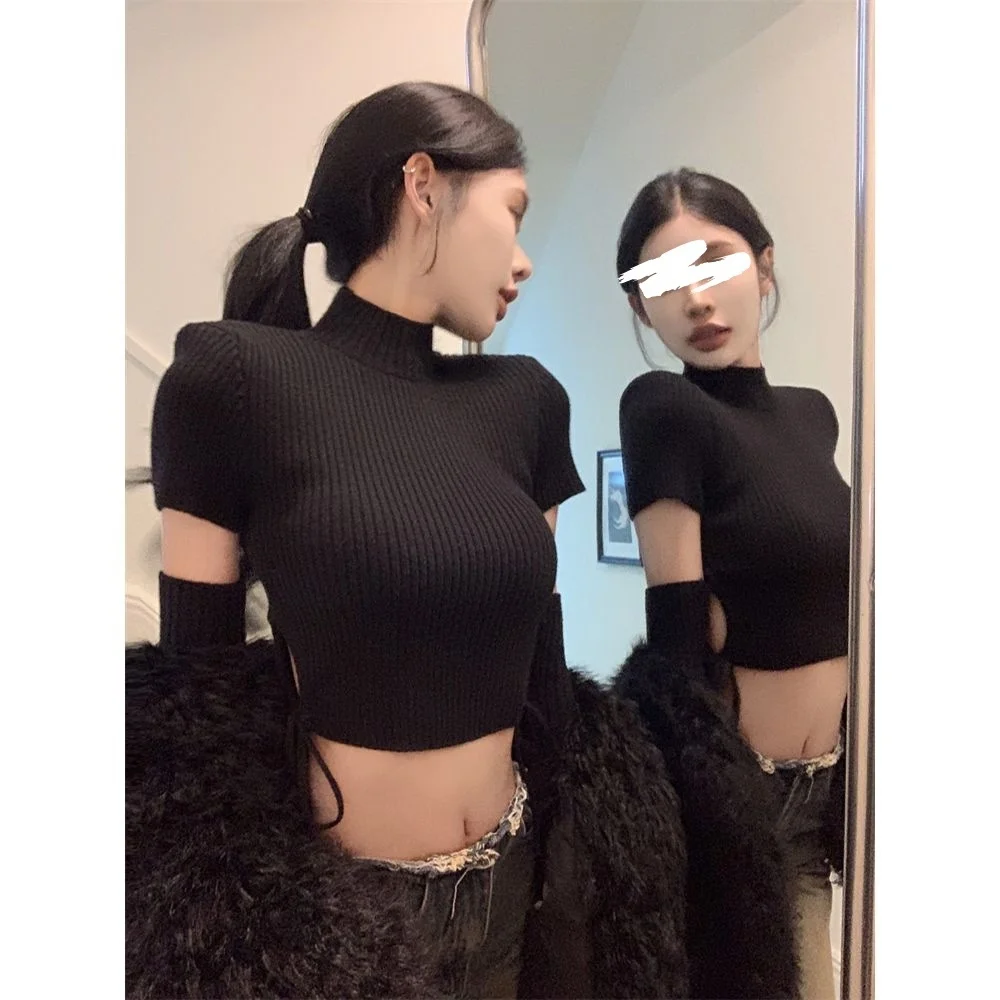 

Detachable Sleeve Knitted Sweater Women Ladies Fall Star Appliques Crew Neck Softy Regular Fit Artistic Stage Performance Style