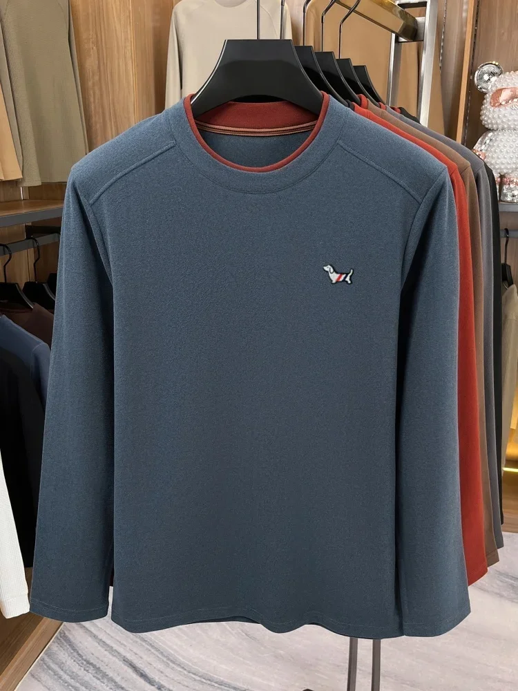 High quality velvet warm long sleeve T-shirt men's autumn new double-layer collar design fashion cute dog embroidery pullover