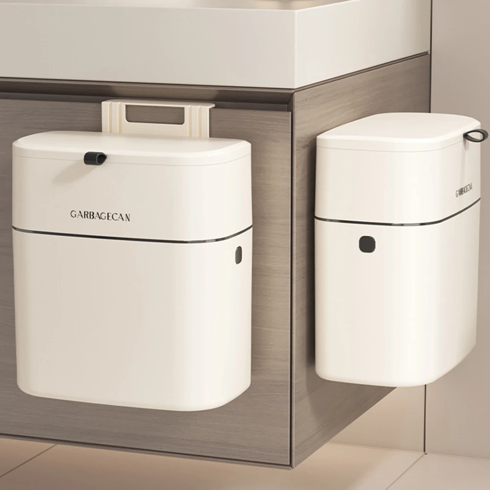 

Wall Mounted Trash Bin for Kitchen, No Drill Adhesive, 8L Large Capacity, Narrow Space Design with Lid, Modern Home