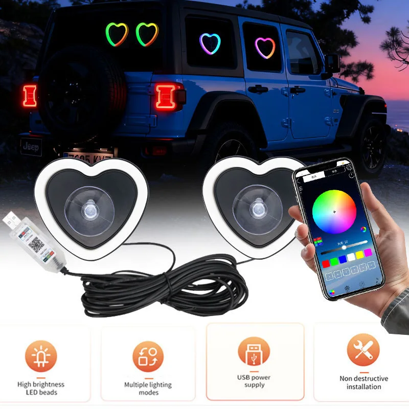 

Heart-Shaped APP Control LED Neon Light Strobe Flash Modes USB Windshield Window Atmosphere Light Modified RGB Decoration Light