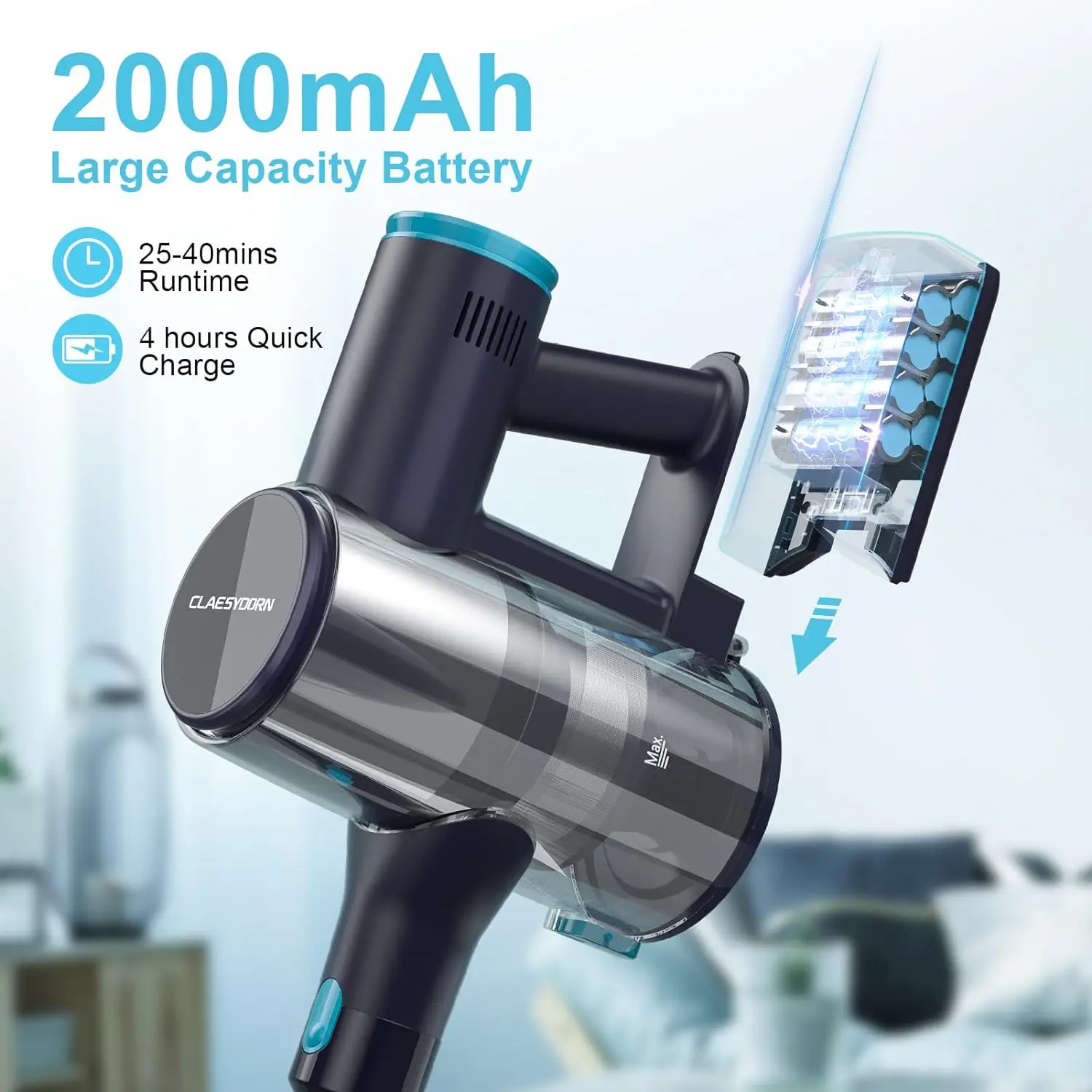 Cordless Vacuum Cleaner, 250W/21Kpa Up to 40mins Runtime Handheld Vacuum Cleaner for Hard Floor Pet Hair Home Car