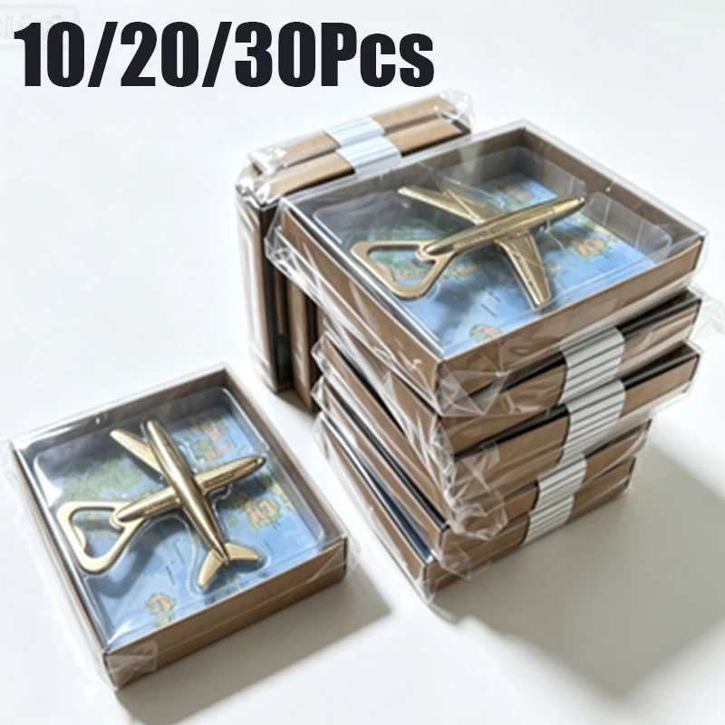 10-30Pcs World Travel Inspired Wedding Gift, Golden Aircraft Bottle Opener with Decorative Gift Packaging