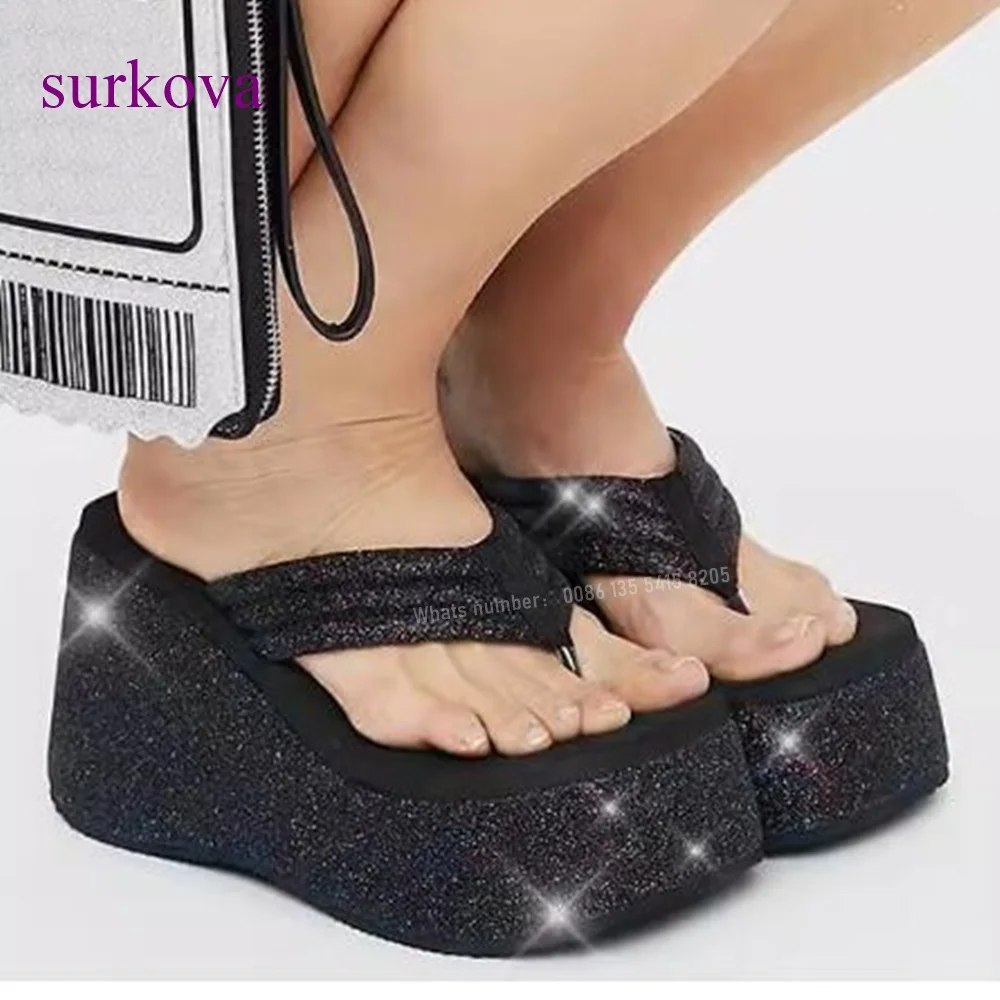 

Black Bling Wedges Slippers Clip Toe Platform Slip On Flip-Flops Summer Newest 2024 Women's Slippers Outside Luxury Shoes Sexy