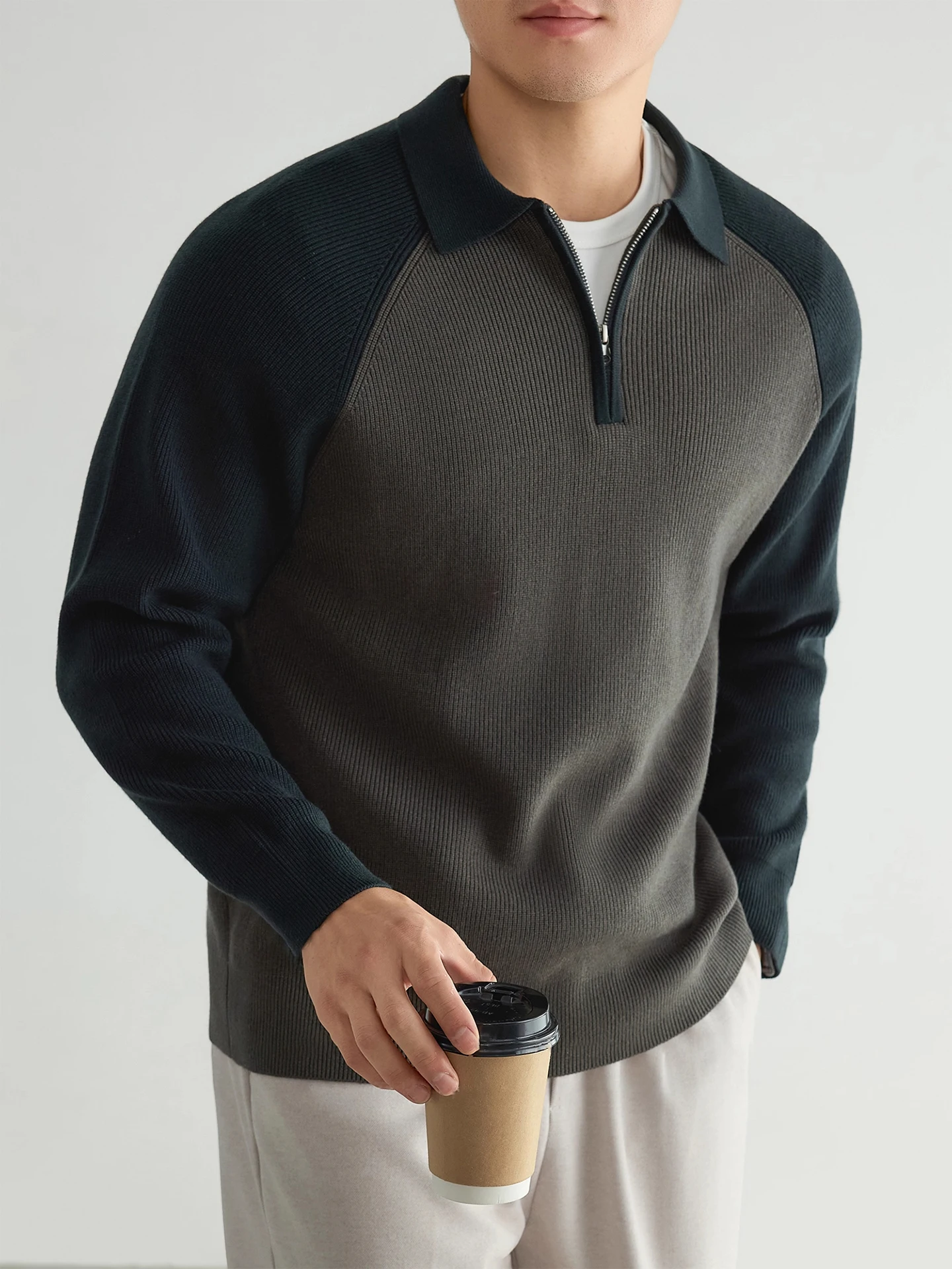 

Casual Men's Knitted Sweater f Zip Hand Sve Color Blo Collar Long Sve Polyester Fiber Youth Faion Autumn Wi...