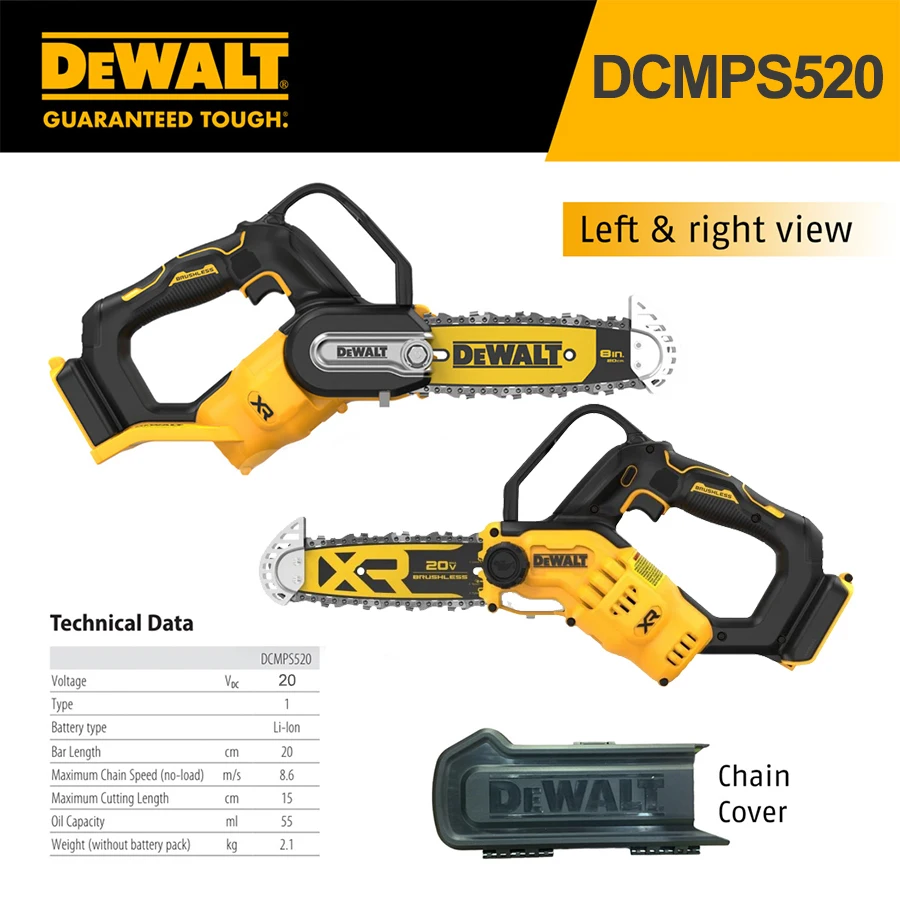 DEWALT 20V XR Pruning Saw 20cm 8'' Electric Chain Saw Woodworking Handheld Pruning Chainsaw Garden Power Tool DCMPS520N