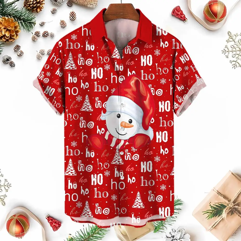 

Funny Santa Claus Print Men's Shirt Cartoon Elk Pattern X'mas Clothing Fashion Lapel Short Sleeve Top Oversized Christmas Blouse