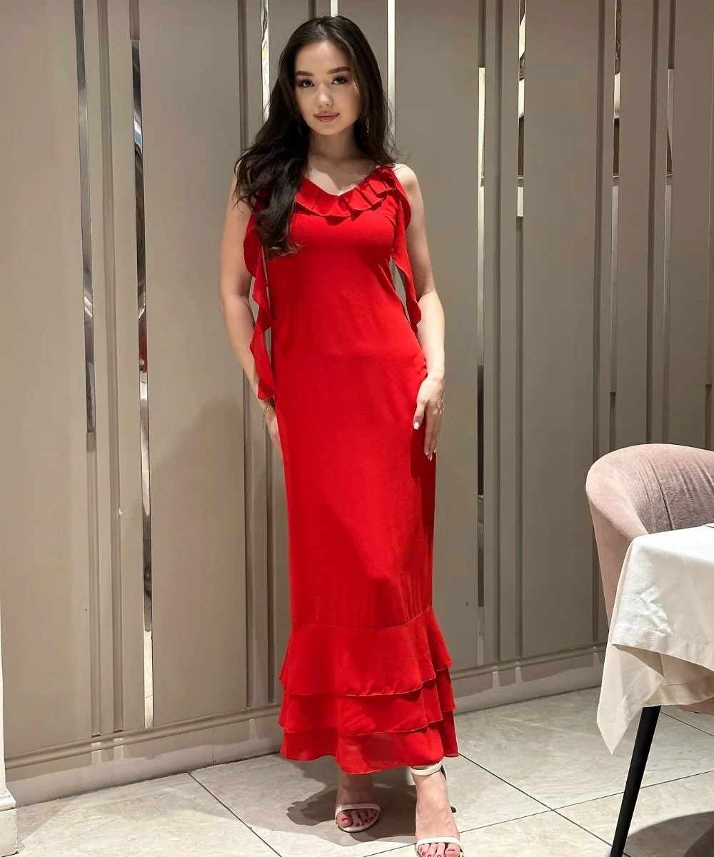 

Customized Classic Jersey Tiered Ruched A-line V-neck Midi Dresses Prom Dresses Exquisite Modern Style Pastrol Unisex Chinese St