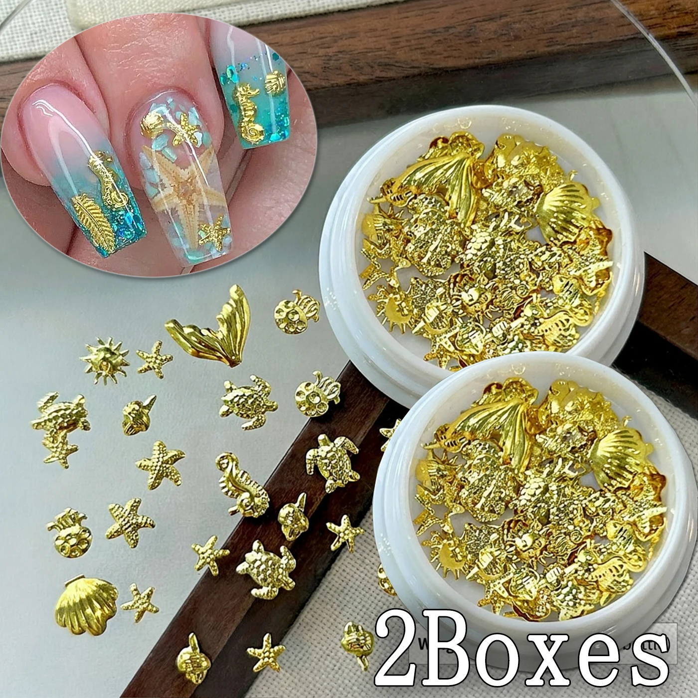 2Boxes Metallic Gold Ocean Theme Nail Charms Mixed 3D Seahorse/Shell/Starfish/Octupus/Turtle Alloy Studs Nail Rivets Nail Decors