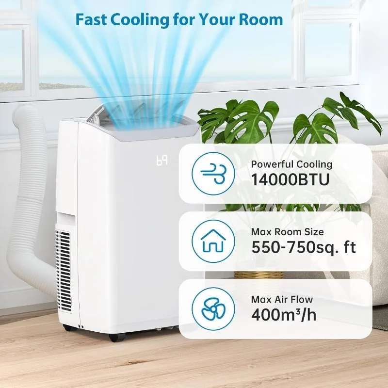 14000Btu Portable Air Conditioner Cools up to 750 Sq.Ft, 3-in-1 Quiet Portable AC Unit with Remote Control & Installation Kits