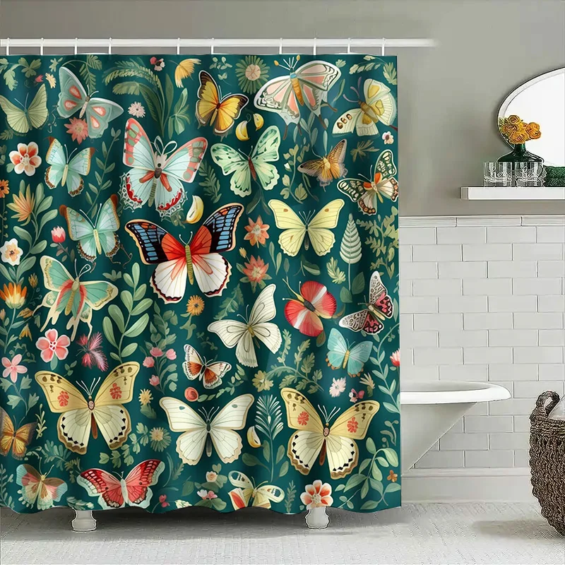 Colorful Butterfly Flower Shower Curtain Waterproof Fabric Decor for Bathroom