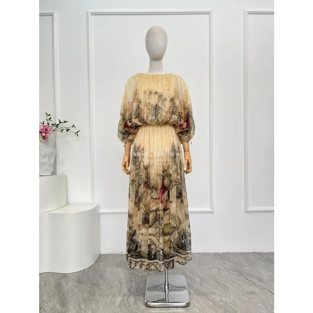 2025 New Beautiful Beige Yellow Floral Print 3/4 Sleeve Blouse Tops and Pleat Midi Skirt Set