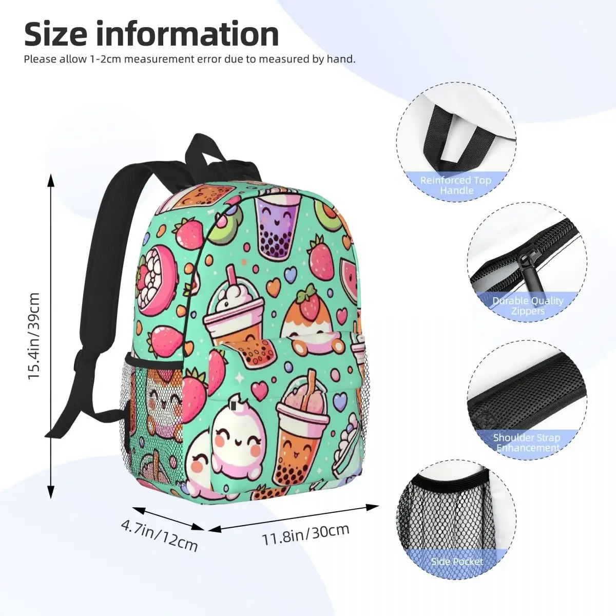 Bubble Tea Pattern, Cute Kawaii Backpacks Teenager Bookbag Cartoon Students School Bags Rucksack Shoulder Bag Large Capacity