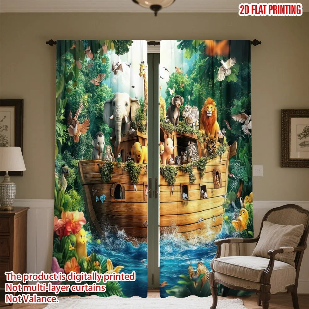 

2D flat printing 2pcs Curtains Noah's Ark Adventure Digital Printed Polyester Drapes Festive Holiday Use for Photo Booths &