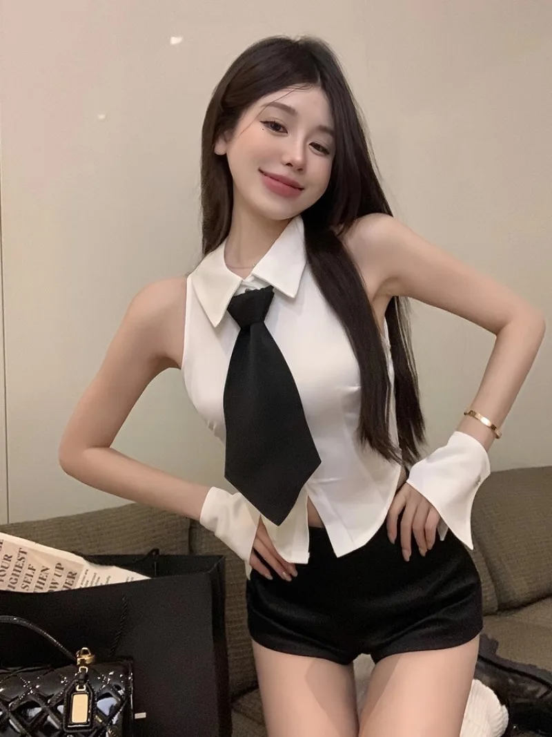 Spicy Girl Irregular Sleeveless Shirt Straight Shorts Two Piece Set Women Polo Neck Tie Cuff Korean Fashion Slim Summer Suit New