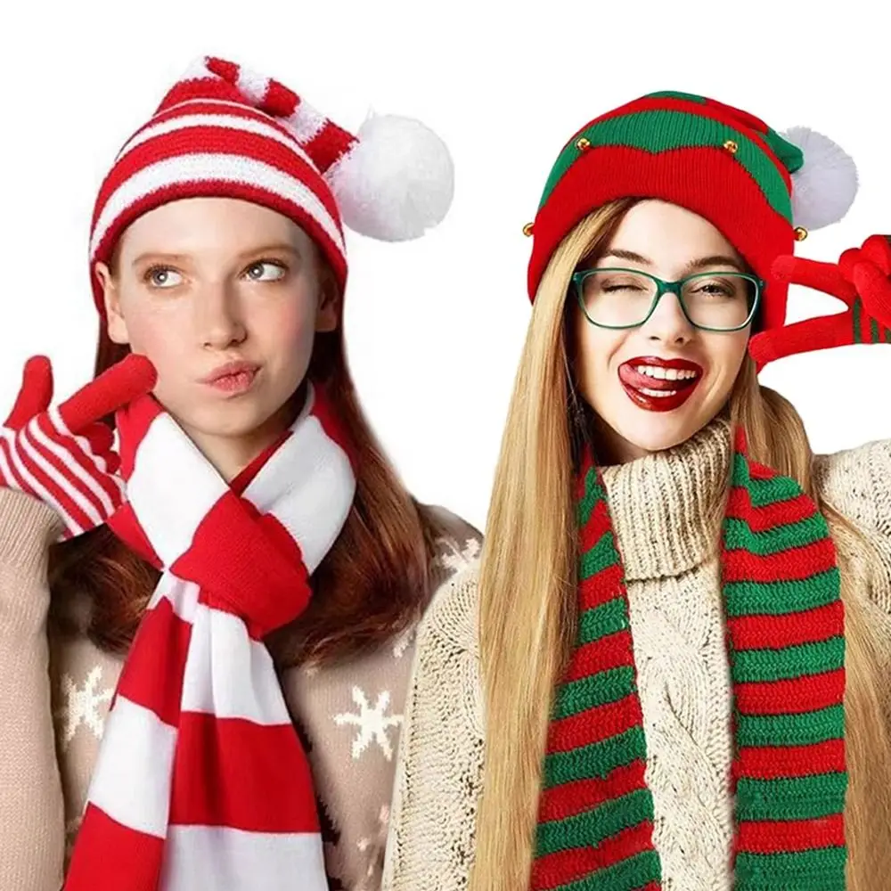 2/3Pcs Set New Year Gift Christmas Beanie Hat Scarf Warm Soft Knitted Gloves Windproof Ear Protection Xmas Gifts for Men Women