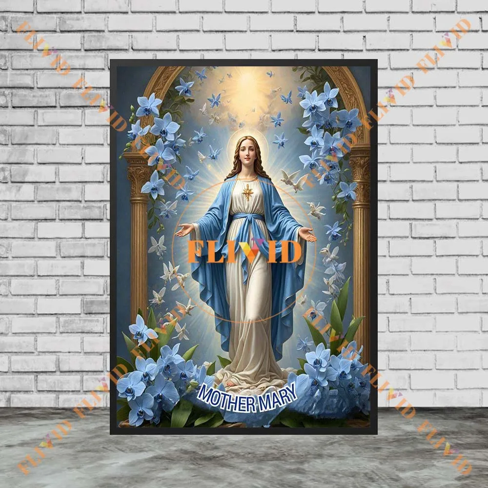 Virgin Mary with Flowers Religion Christianity Redemption Poster Wall Pictures For Living Room Wall Art Canvas Painting Unframed