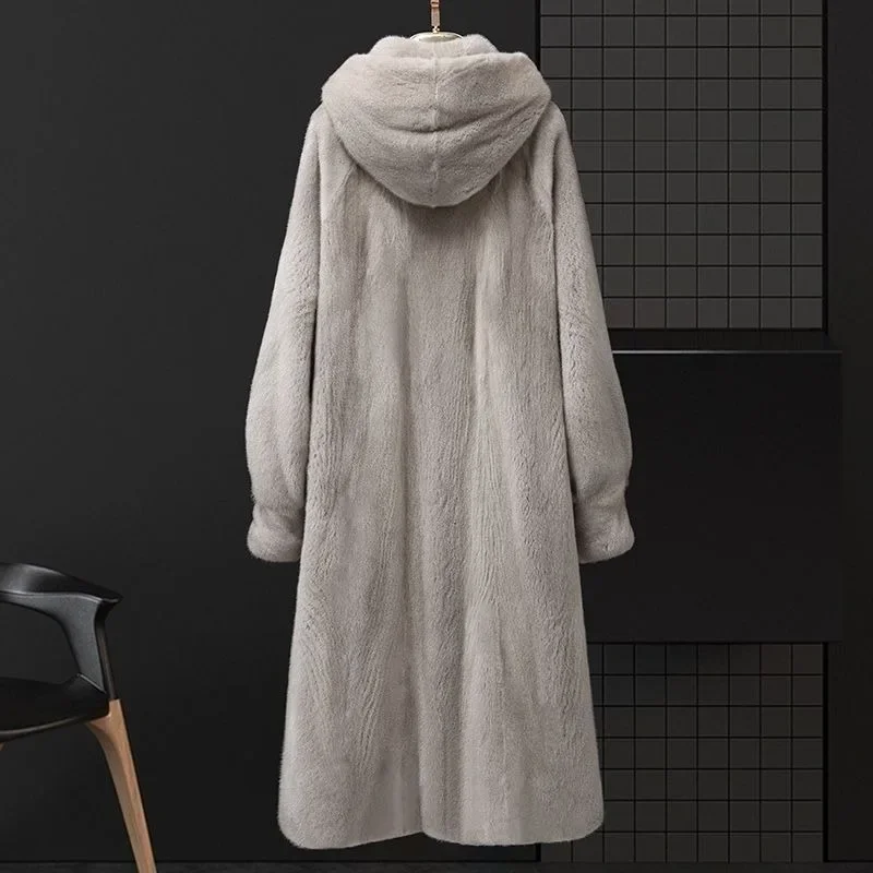 Fall / Winter Dopamine Mink Coat 2025 New Loose Hooded Over The Knee Mid-length Ermine Fur Coat for Women High Appearance Level