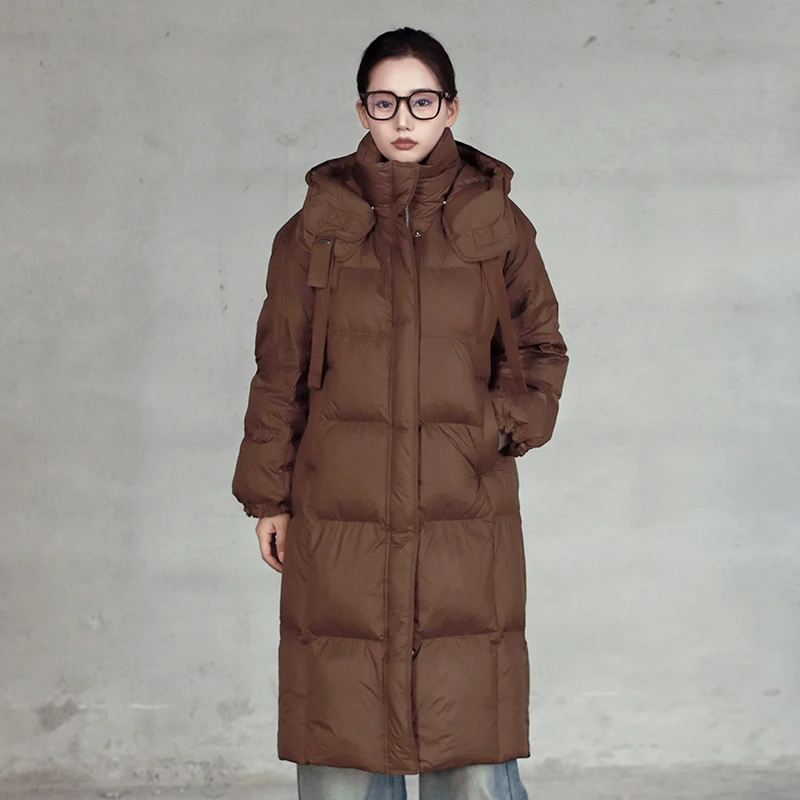 Chericom Chaqueta larga de plumón con capucha y cordón, abrigos holgados para mujer, abrigo acolchado de relleno de plumón de pato grueso para mujer Y308179Y