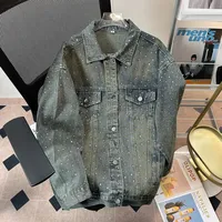 Men's Loose Fit Denim Jacket Spring Autumn New Style Rhinestone Embellished Vintage Collar Stand-Up Versatile Couple's Jacket