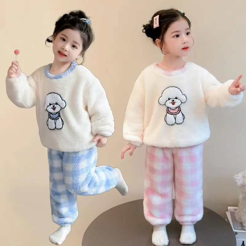 

Пижамный комплект для девочек, осенне-зимняя одежда для сна из кораллового флиса, милая домашняя одежда с героями мультфильмов, удобная теплая детская одежда, модный пижамный комплект