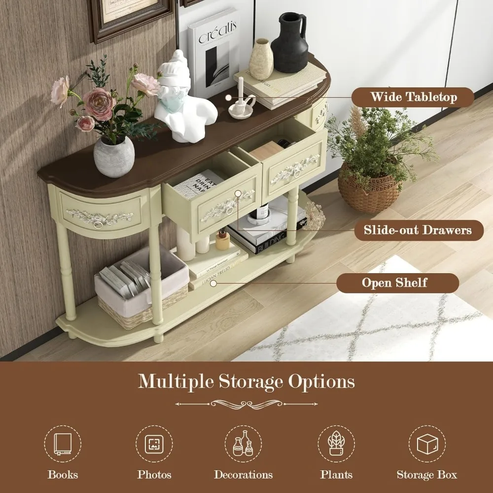 طاولة كونسول ريترو مع أدراج، 52 طاولة أريكة ضيقة طويلة مع رف مفتوح، طاولة مدخل نصف قمر مع مساحة تخزين، صلبة #4