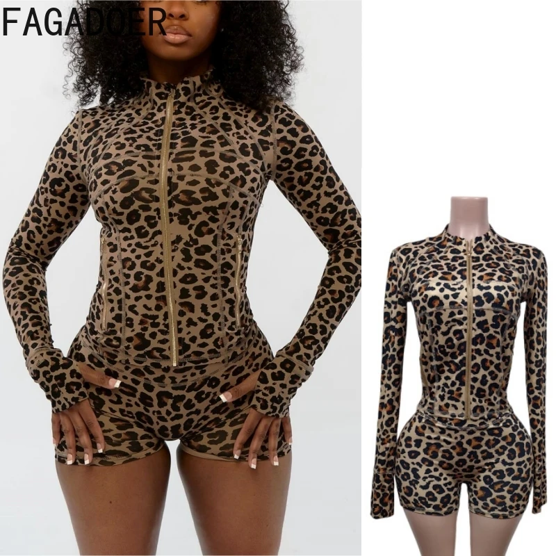 

FAGADOER Sexy Leopard Print Two Piece Outfits Woman Long Sleeve Zipper Top Jacket and Shorts Matching Siut Female Streetwear New