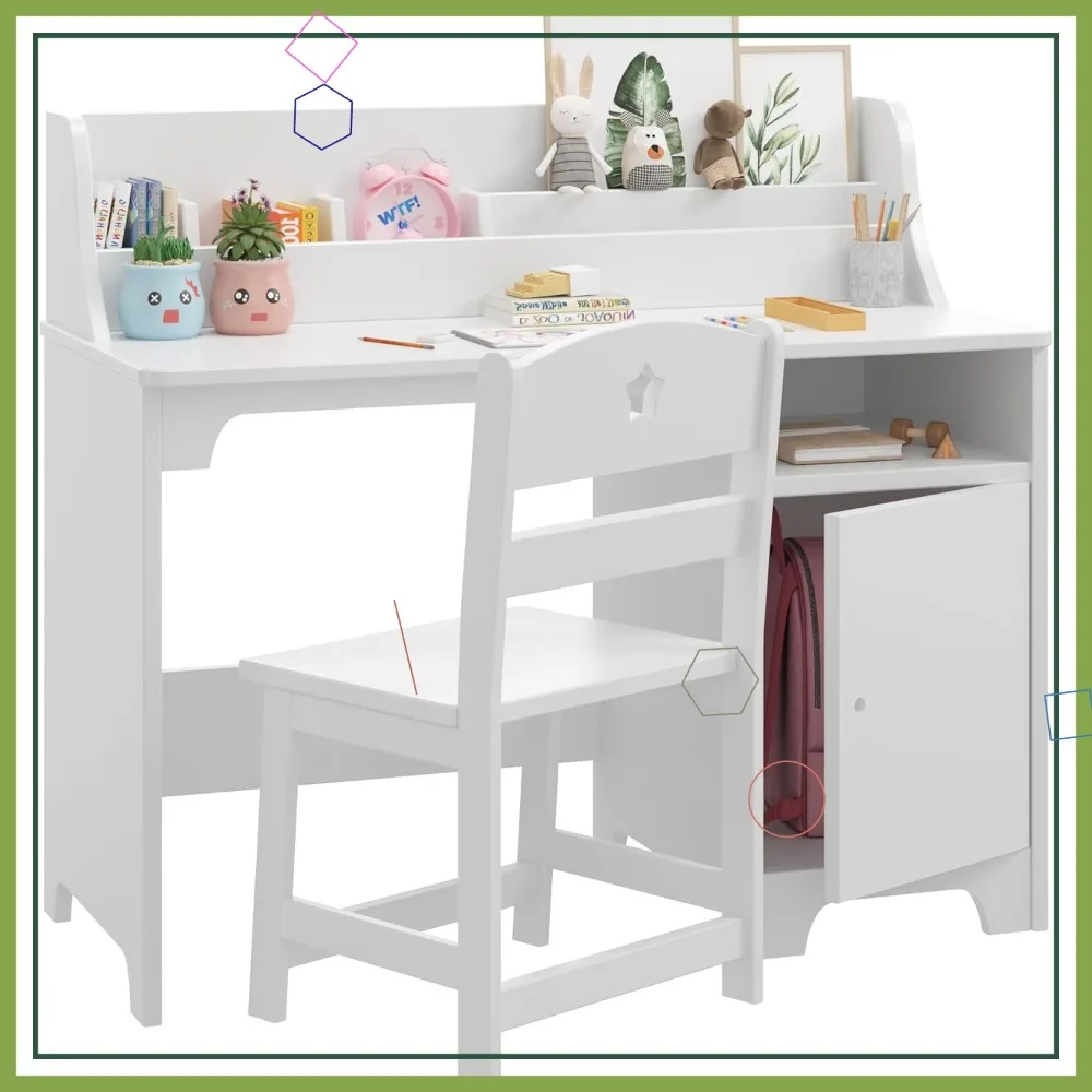 

Детский комплект: стол и стул с надстройкой, тумбой для хранения, белый деревянный письменный стол для детской комнаты