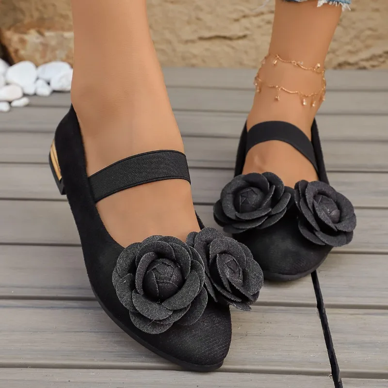 Women's Mary Jane Flats Round Toe Woven-Look Slip-On Shoes 3D Floral Applique Decoration Elastic Strap Casual Everyday Footwear