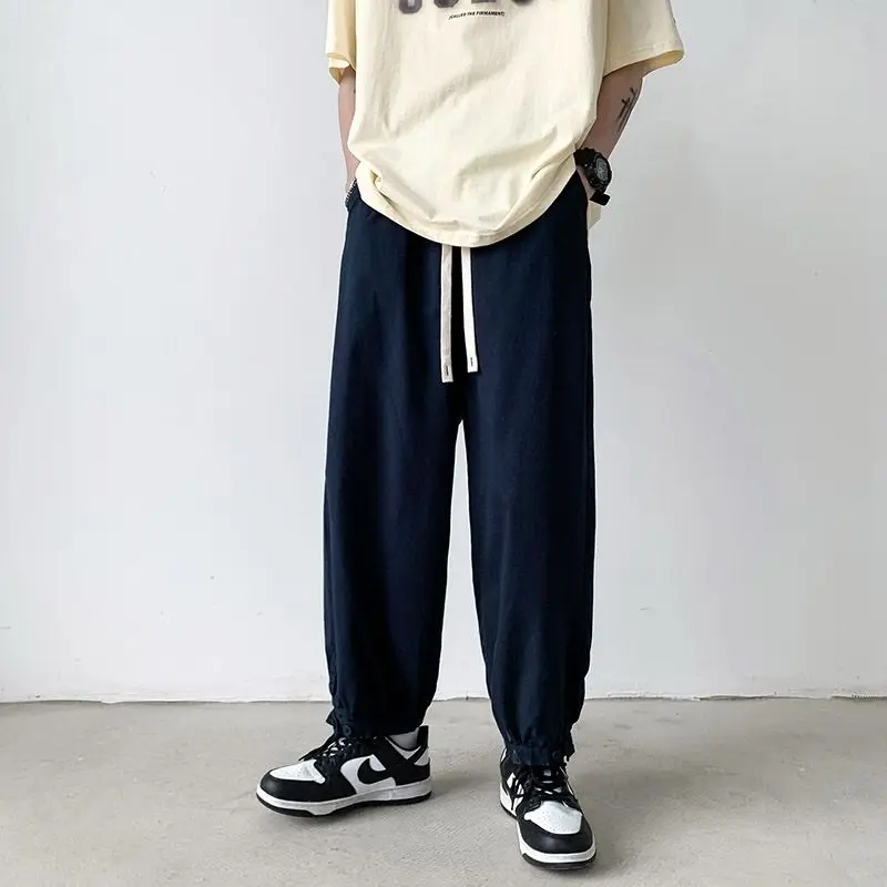 2023 Spring Summer Loose Japanese Casual Pants Solid Color Drawstring Fashion Slim Youth Men's Workwear Wide Leg Guard Pants